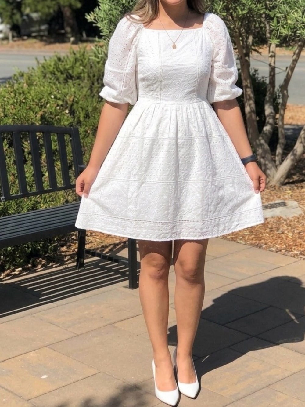 SHEIN White Eyelet Puff Sleeve Fit-and-Flare Dress for Girls